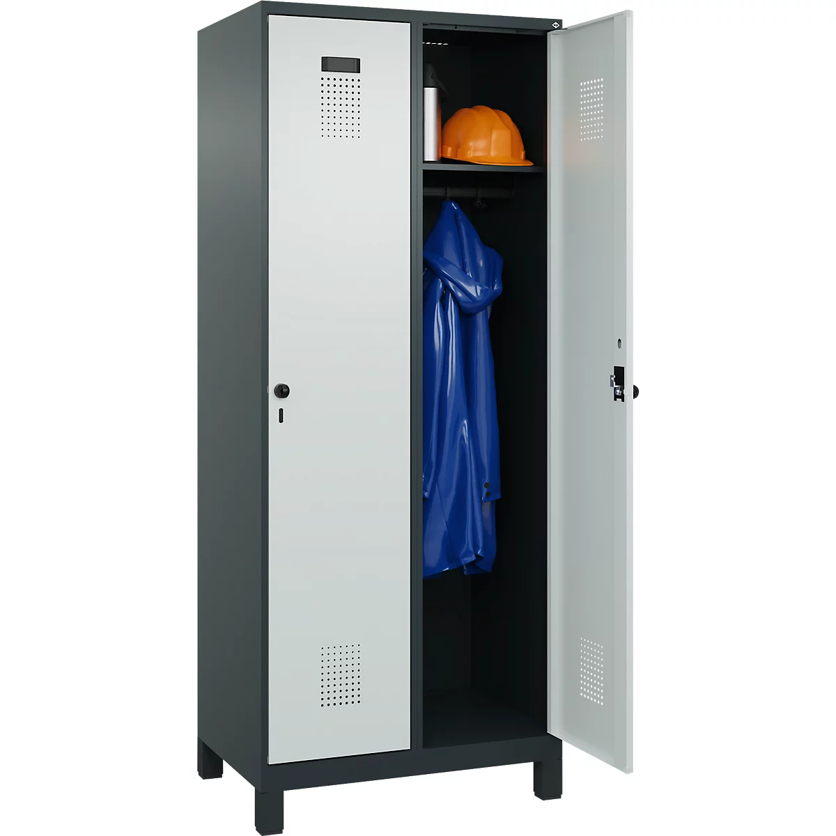 Kleiderspind C+P Evolo Plus, 2 Abteile, 400 mm Abteilbreite, mit Füßen, Anschlag rechts, B 800 x T 500 x H 1950 mm, Drehriegel, anthrazitgrau/lichtgrau
