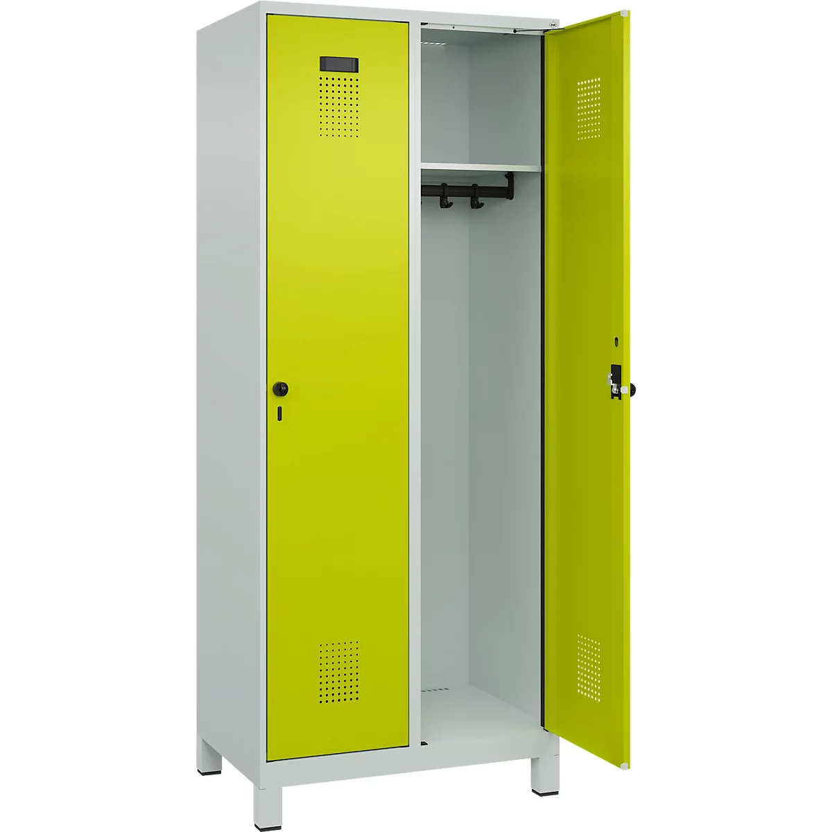 Kleiderspind C+P Evolo Plus, 2 Abteile, 400 mm Abteilbreite, mit Füßen, Anschlag rechts, B 800 x T 500 x H 1950 mm, Drehriegel, lichtgrau/clowngrün
