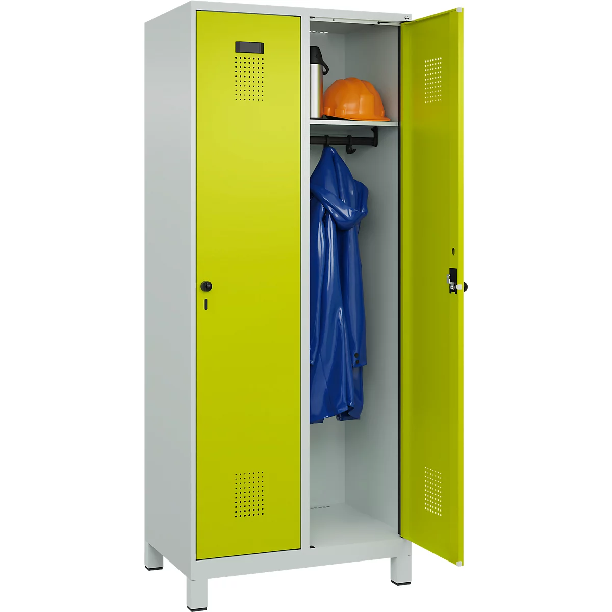 Kleiderspind C+P Evolo Plus, 2 Abteile, 400 mm Abteilbreite, mit Füßen, Anschlag rechts, B 800 x T 500 x H 1950 mm, Drehriegel, lichtgrau/clowngrün