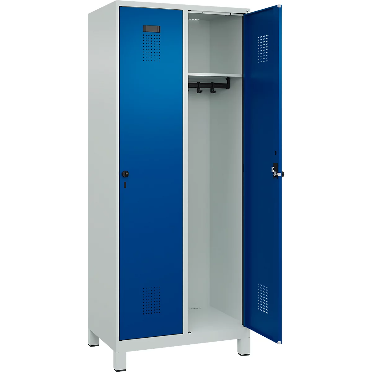 Kleiderspind C+P Evolo Plus, 2 Abteile, 400 mm Abteilbreite, mit Füßen, Anschlag rechts, B 800 x T 500 x H 1950 mm, Drehriegel, lichtgrau/enzianblau