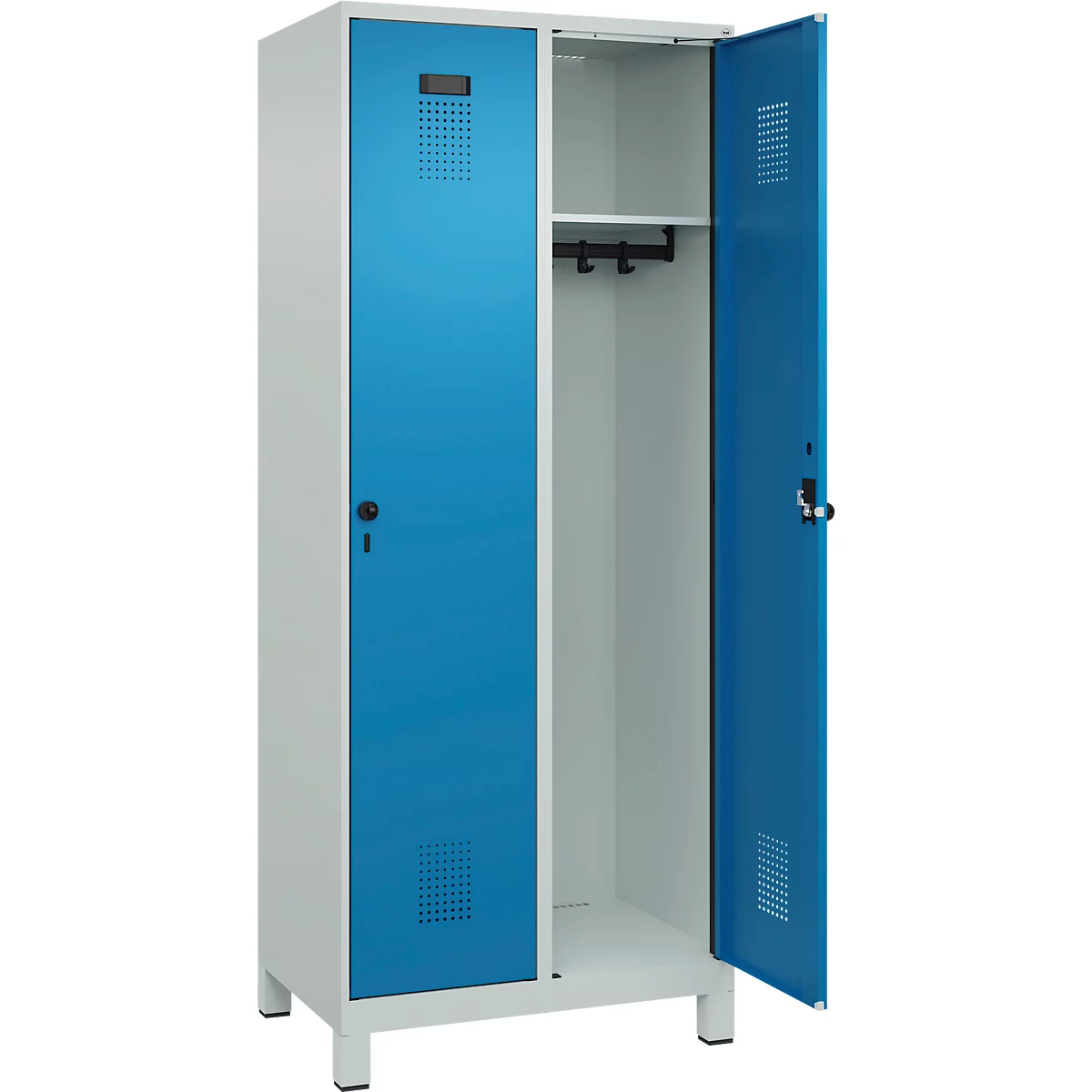 Kleiderspind C+P Evolo Plus, 2 Abteile, 400 mm Abteilbreite, mit Füßen, Anschlag rechts, B 800 x T 500 x H 1950 mm, Drehriegel, lichtgrau/lichtblau