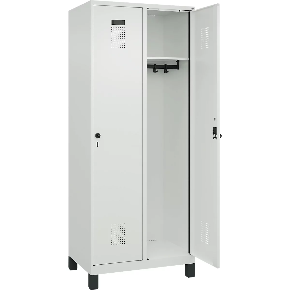 Kleiderspind C+P Evolo Plus, 2 Abteile, 400 mm Abteilbreite, mit Füßen, Anschlag rechts, B 800 x T 500 x H 1950 mm, Drehriegel, lichtgrau/lichtgrau