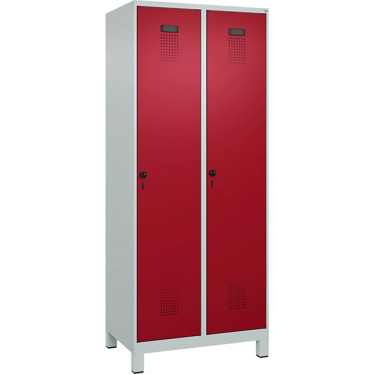 Kleiderspind C+P Evolo Plus, 2 Abteile, 400 mm Abteilbreite, mit Füßen, Anschlag rechts, B 800 x T 500 x H 1950 mm, Drehriegel, lichtgrau/rubinrot