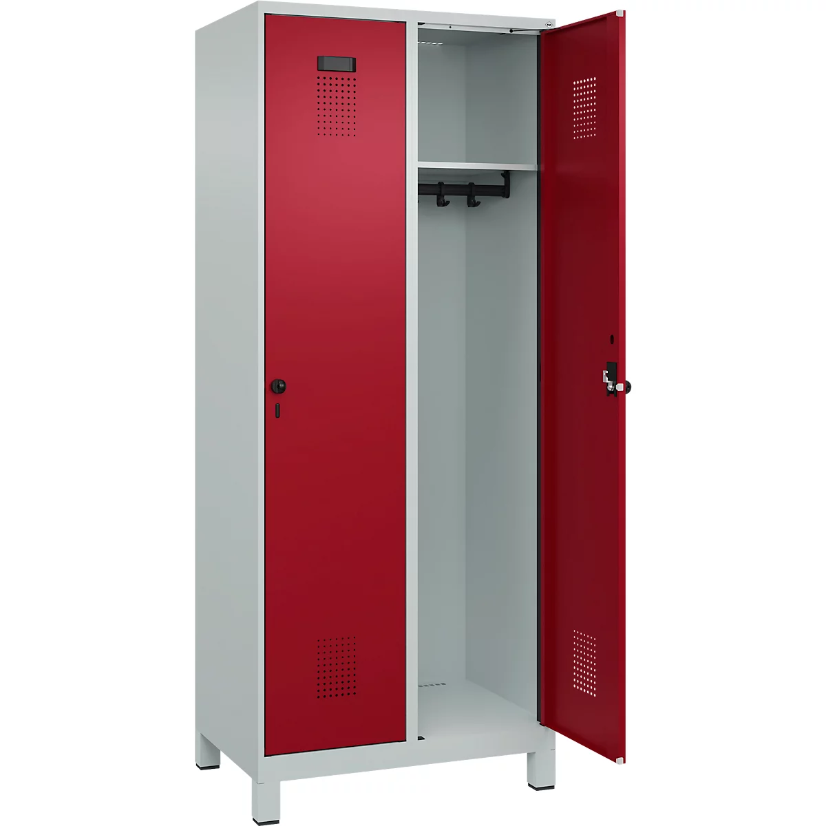 Kleiderspind C+P Evolo Plus, 2 Abteile, 400 mm Abteilbreite, mit Füßen, Anschlag rechts, B 800 x T 500 x H 1950 mm, Drehriegel, lichtgrau/rubinrot