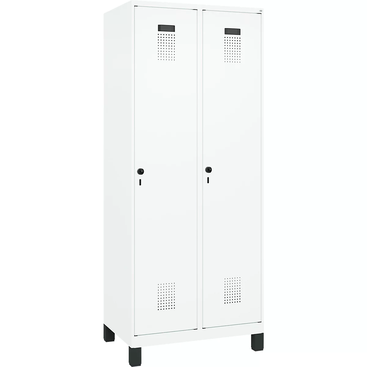 Kleiderspind C+P Evolo Plus, 2 Abteile, 400 mm Abteilbreite, mit Füßen, Anschlag rechts, B 800 x T 500 x H 1950 mm, Drehriegel, verkehrsweiß/verkehrsweiß