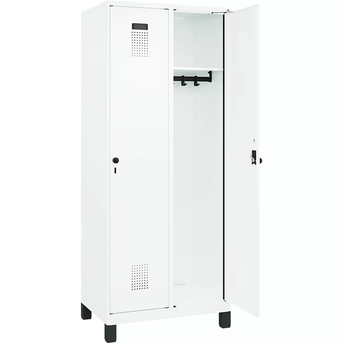 Kleiderspind C+P Evolo Plus, 2 Abteile, 400 mm Abteilbreite, mit Füßen, Anschlag rechts, B 800 x T 500 x H 1950 mm, Drehriegel, verkehrsweiß/verkehrsweiß