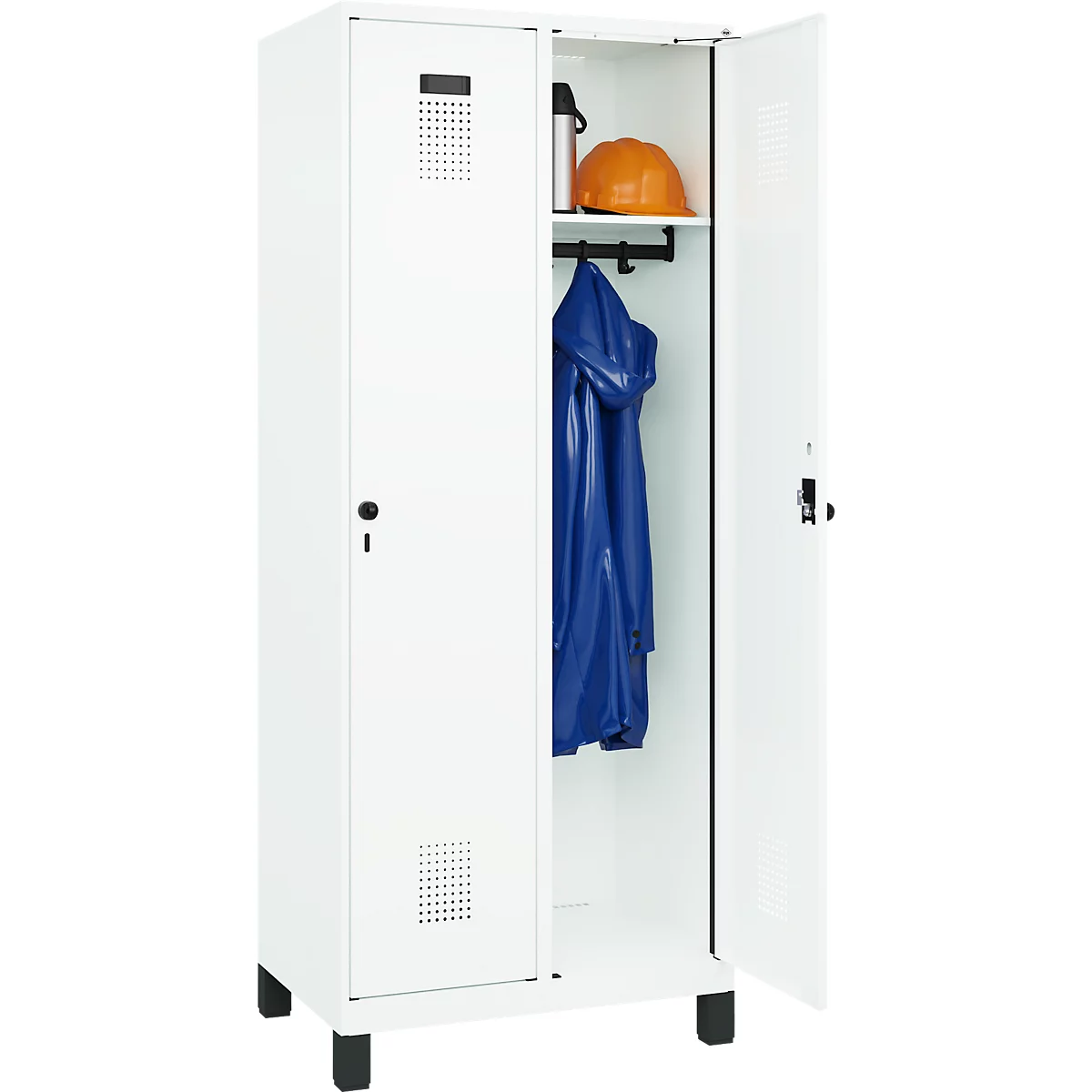 Kleiderspind C+P Evolo Plus, 2 Abteile, 400 mm Abteilbreite, mit Füßen, Anschlag rechts, B 800 x T 500 x H 1950 mm, Drehriegel, verkehrsweiß/verkehrsweiß