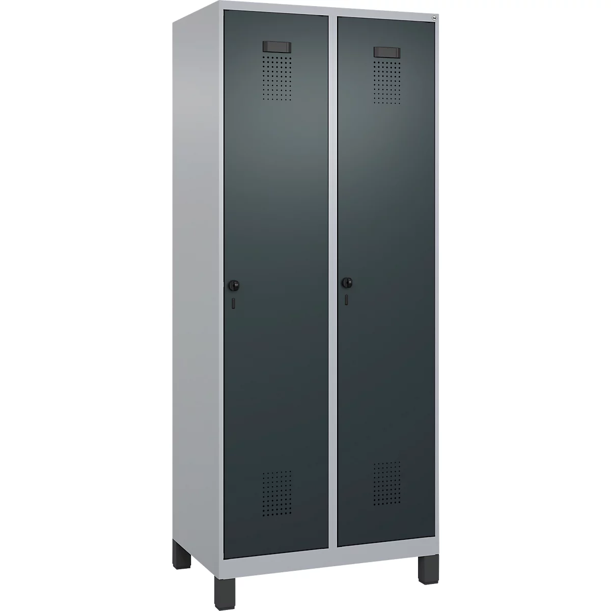 Kleiderspind C+P Evolo Plus, 2 Abteile, 400 mm Abteilbreite, mit Füßen, Anschlag rechts, B 800 x T 500 x H 1950 mm, Drehriegel, weißaluminium/anthrazitgrau