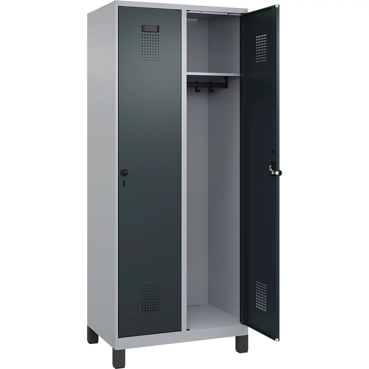 Kleiderspind C+P Evolo Plus, 2 Abteile, 400 mm Abteilbreite, mit Füßen, Anschlag rechts, B 800 x T 500 x H 1950 mm, Drehriegel, weißaluminium/anthrazitgrau