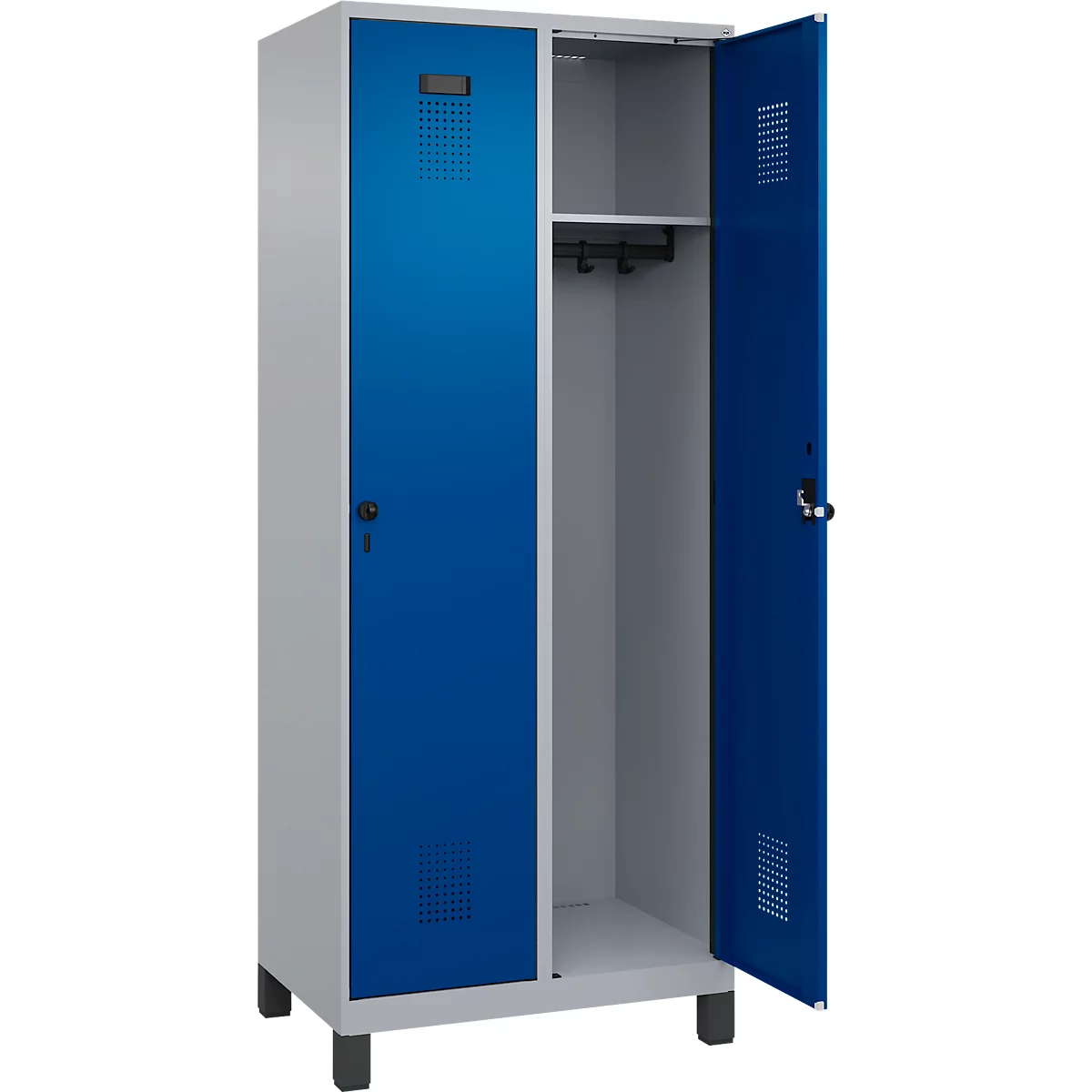 Kleiderspind C+P Evolo Plus, 2 Abteile, 400 mm Abteilbreite, mit Füßen, Anschlag rechts, B 800 x T 500 x H 1950 mm, Drehriegel, weißaluminium/enzianblau