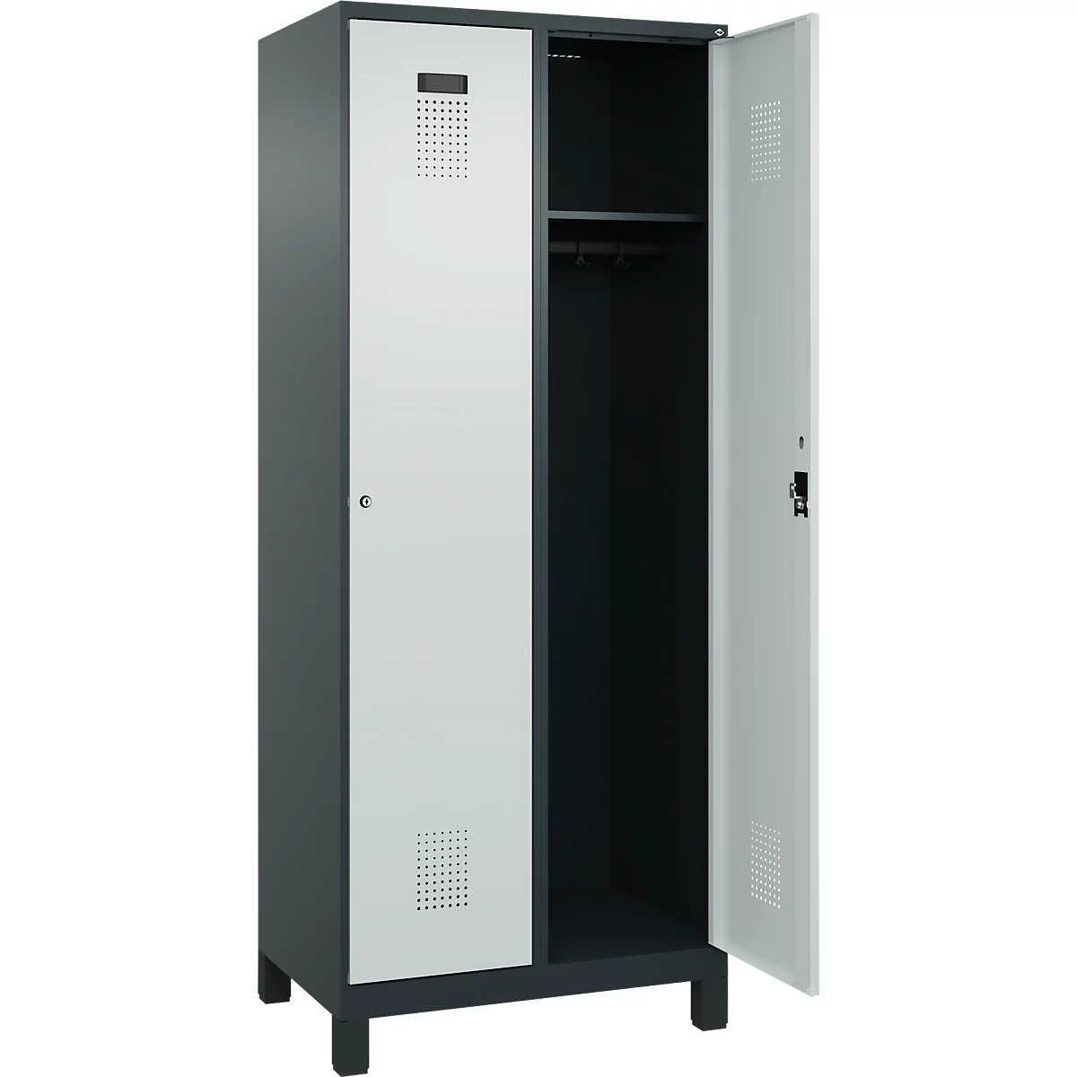 Kleiderspind C+P Evolo Plus, 2 Abteile, 400 mm Abteilbreite, mit Füßen, Anschlag rechts, B 800 x T 500 x H 1950 mm, Zylinder, anthrazitgrau/lichtgrau