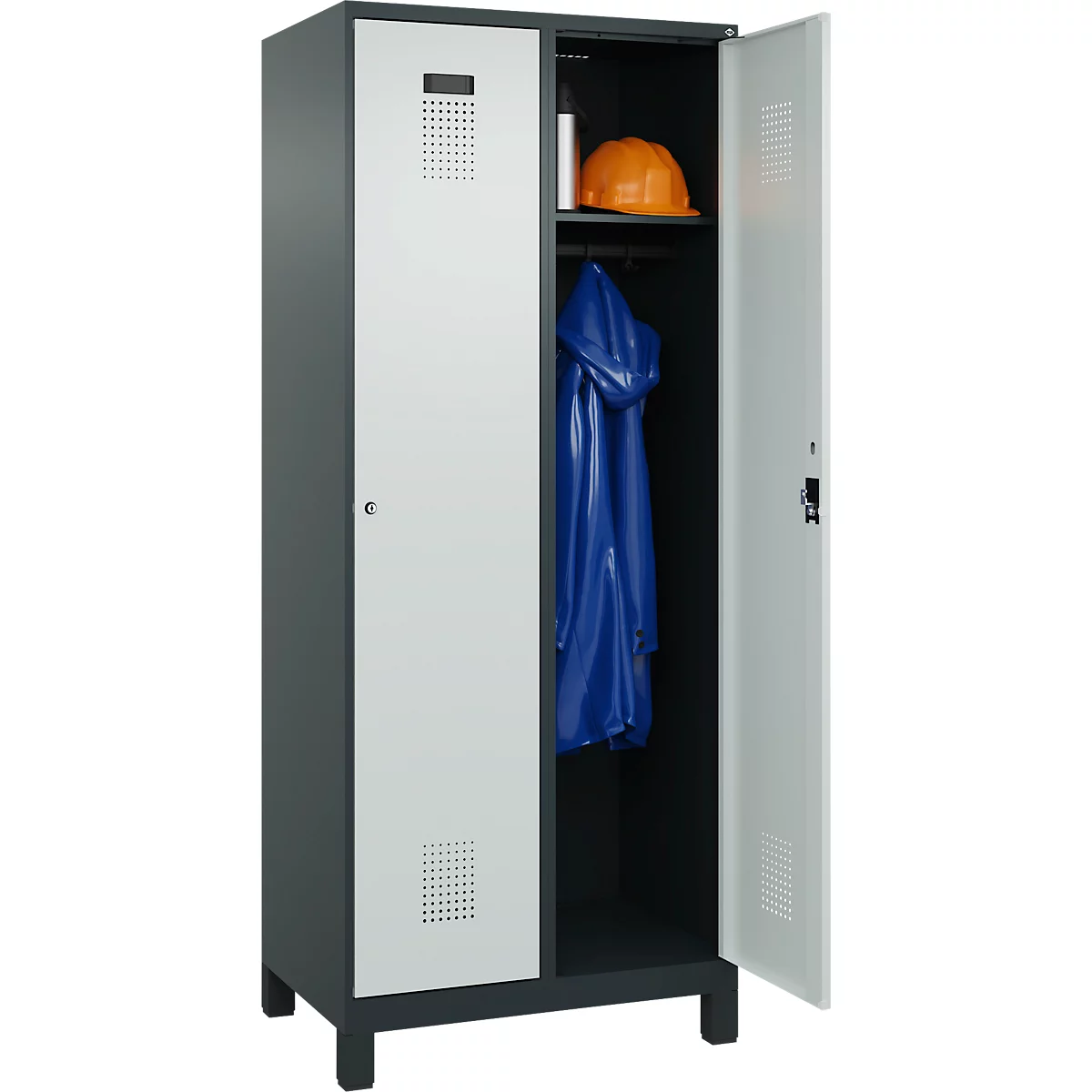 Kleiderspind C+P Evolo Plus, 2 Abteile, 400 mm Abteilbreite, mit Füßen, Anschlag rechts, B 800 x T 500 x H 1950 mm, Zylinder, anthrazitgrau/lichtgrau