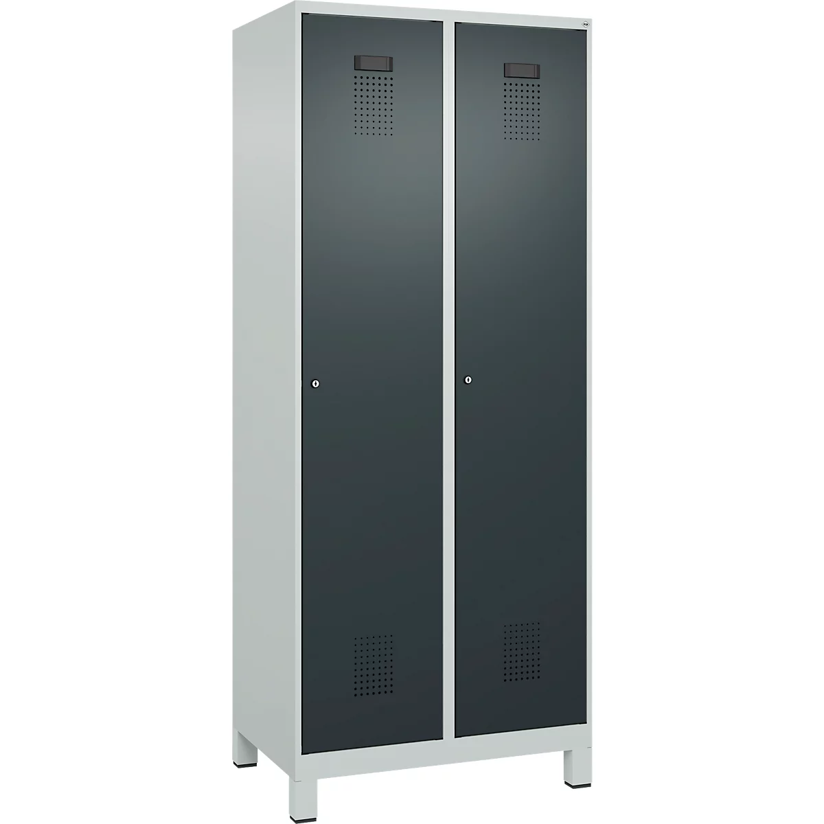 Kleiderspind C+P Evolo Plus, 2 Abteile, 400 mm Abteilbreite, mit Füßen, Anschlag rechts, B 800 x T 500 x H 1950 mm, Zylinder, lichtgrau/anthrazitgrau