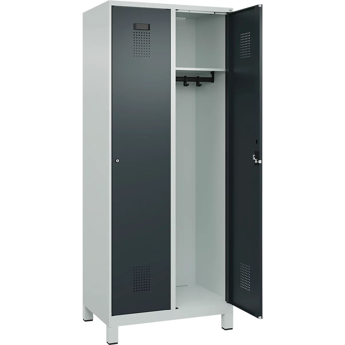 Kleiderspind C+P Evolo Plus, 2 Abteile, 400 mm Abteilbreite, mit Füßen, Anschlag rechts, B 800 x T 500 x H 1950 mm, Zylinder, lichtgrau/anthrazitgrau