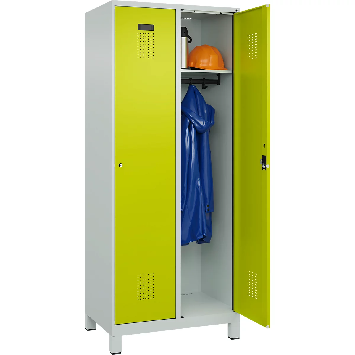 Kleiderspind C+P Evolo Plus, 2 Abteile, 400 mm Abteilbreite, mit Füßen, Anschlag rechts, B 800 x T 500 x H 1950 mm, Zylinder, lichtgrau/clowngrün