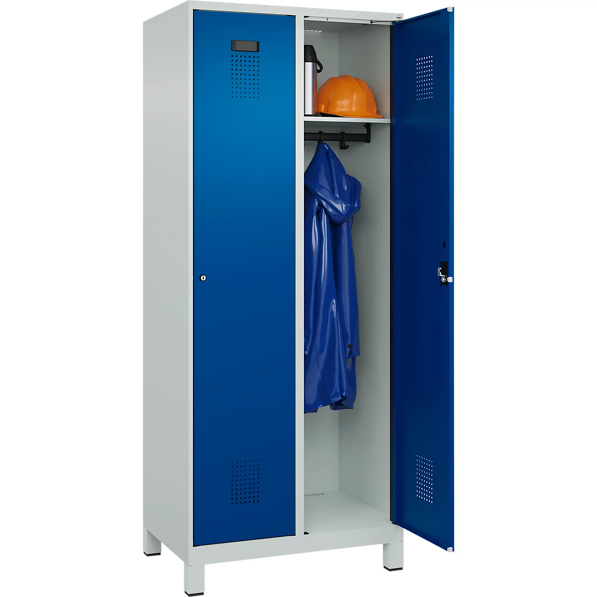 Kleiderspind C+P Evolo Plus, 2 Abteile, 400 mm Abteilbreite, mit Füßen, Anschlag rechts, B 800 x T 500 x H 1950 mm, Zylinder, lichtgrau/enzianblau