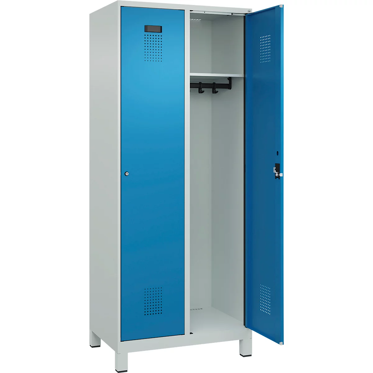 Kleiderspind C+P Evolo Plus, 2 Abteile, 400 mm Abteilbreite, mit Füßen, Anschlag rechts, B 800 x T 500 x H 1950 mm, Zylinder, lichtgrau/lichtblau