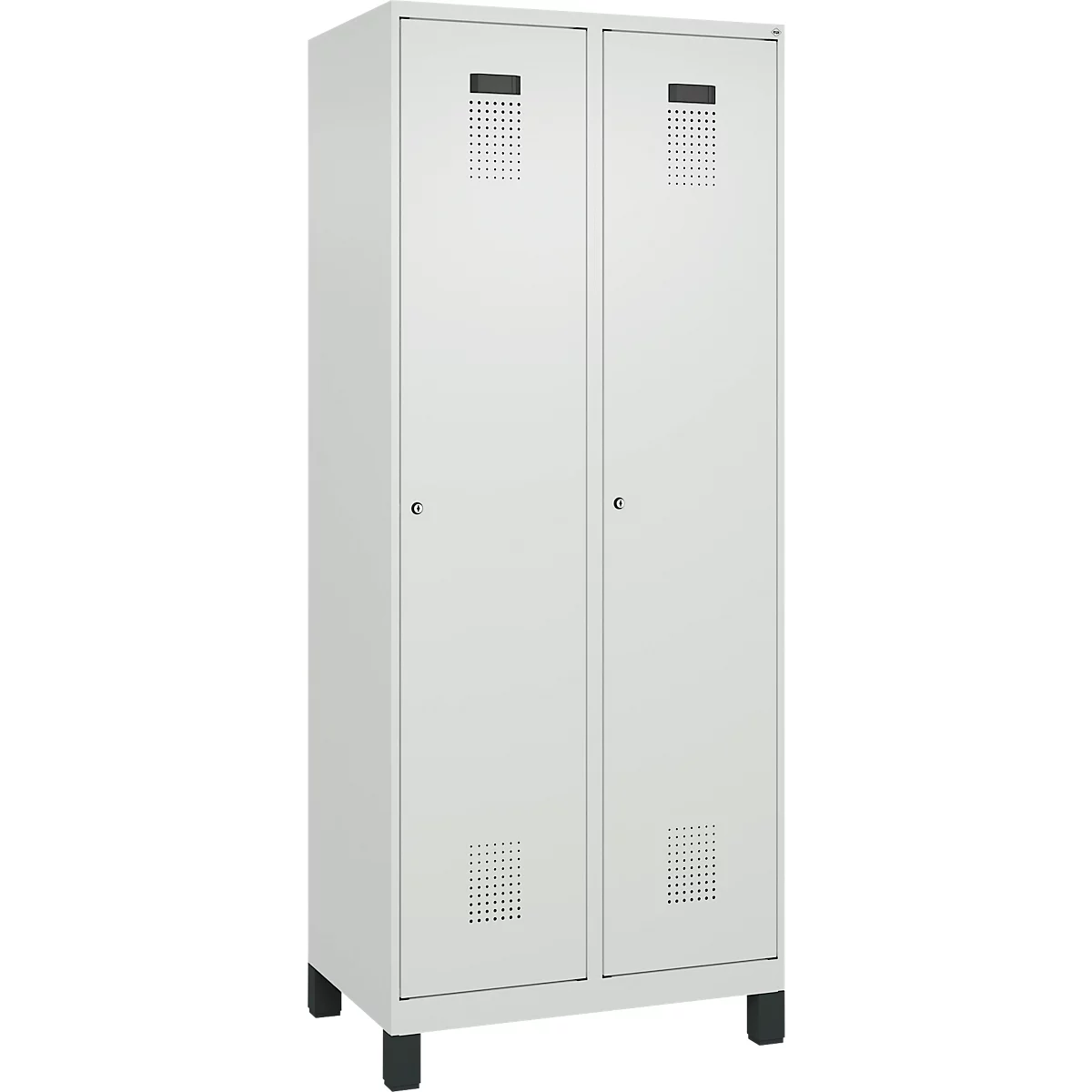 Kleiderspind C+P Evolo Plus, 2 Abteile, 400 mm Abteilbreite, mit Füßen, Anschlag rechts, B 800 x T 500 x H 1950 mm, Zylinder, lichtgrau/lichtgrau