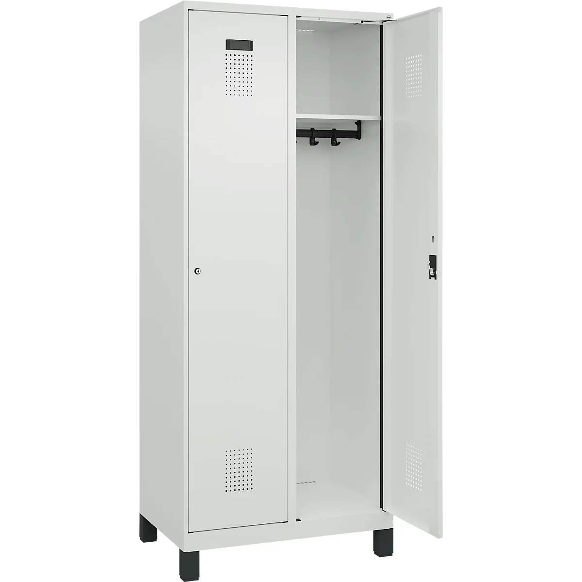 Kleiderspind C+P Evolo Plus, 2 Abteile, 400 mm Abteilbreite, mit Füßen, Anschlag rechts, B 800 x T 500 x H 1950 mm, Zylinder, lichtgrau/lichtgrau