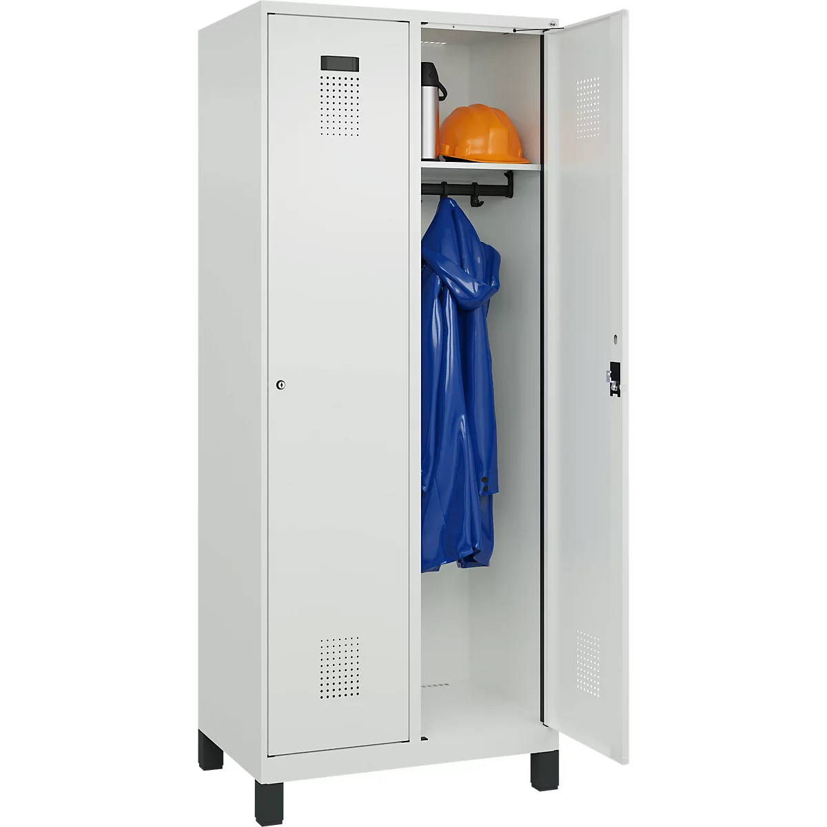 Kleiderspind C+P Evolo Plus, 2 Abteile, 400 mm Abteilbreite, mit Füßen, Anschlag rechts, B 800 x T 500 x H 1950 mm, Zylinder, lichtgrau/lichtgrau
