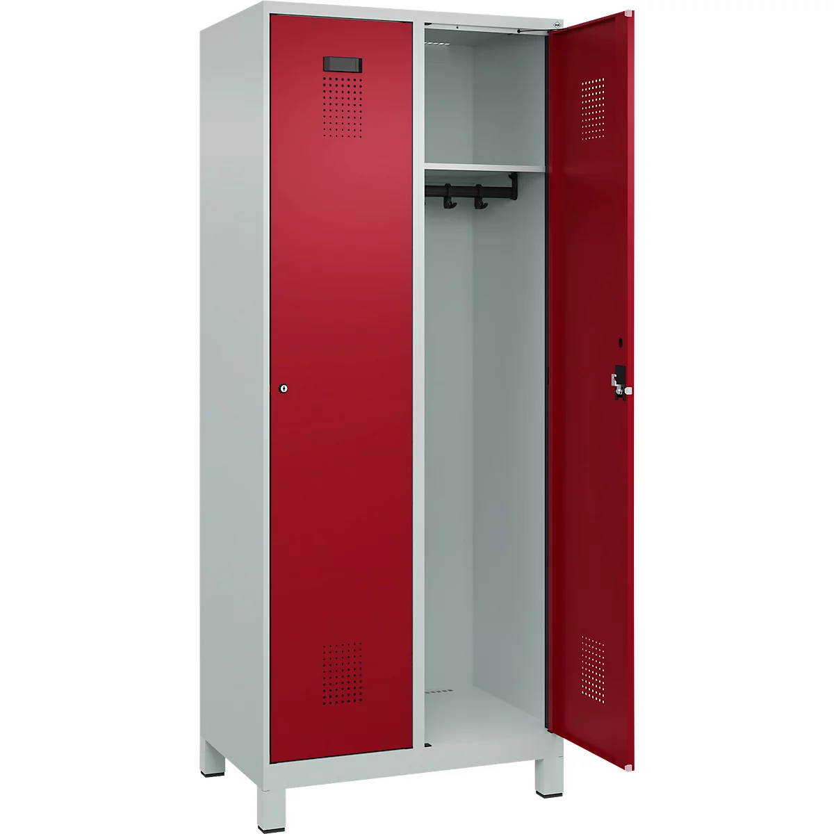 Kleiderspind C+P Evolo Plus, 2 Abteile, 400 mm Abteilbreite, mit Füßen, Anschlag rechts, B 800 x T 500 x H 1950 mm, Zylinder, lichtgrau/rubinrot