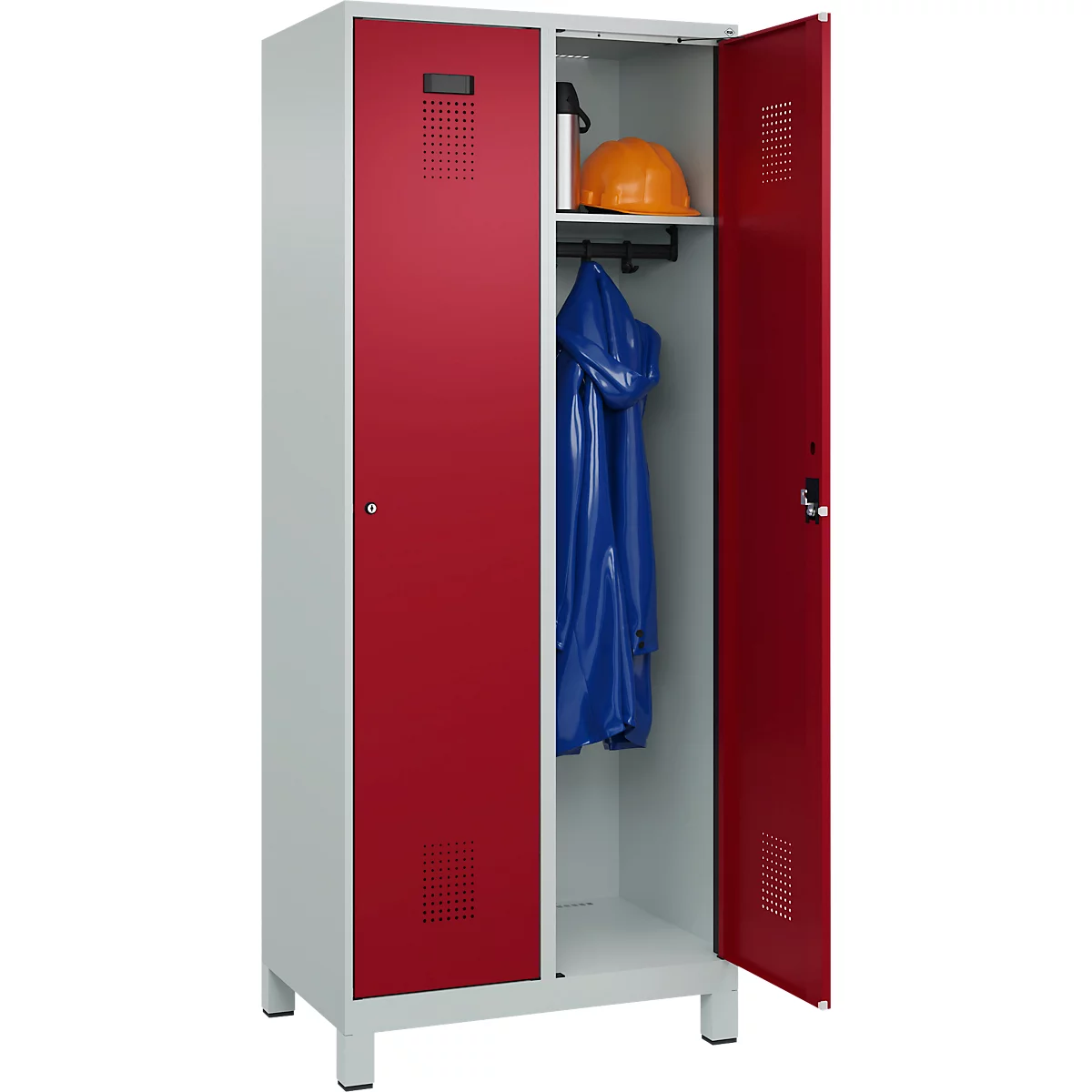 Kleiderspind C+P Evolo Plus, 2 Abteile, 400 mm Abteilbreite, mit Füßen, Anschlag rechts, B 800 x T 500 x H 1950 mm, Zylinder, lichtgrau/rubinrot
