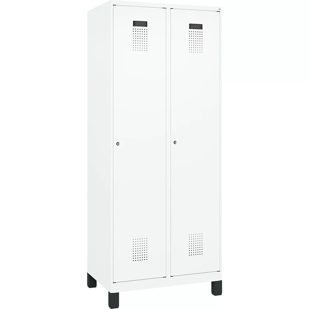 Kleiderspind C+P Evolo Plus, 2 Abteile, 400 mm Abteilbreite, mit Füßen, Anschlag rechts, B 800 x T 500 x H 1950 mm, Zylinder, verkehrsweiß/verkehrsweiß