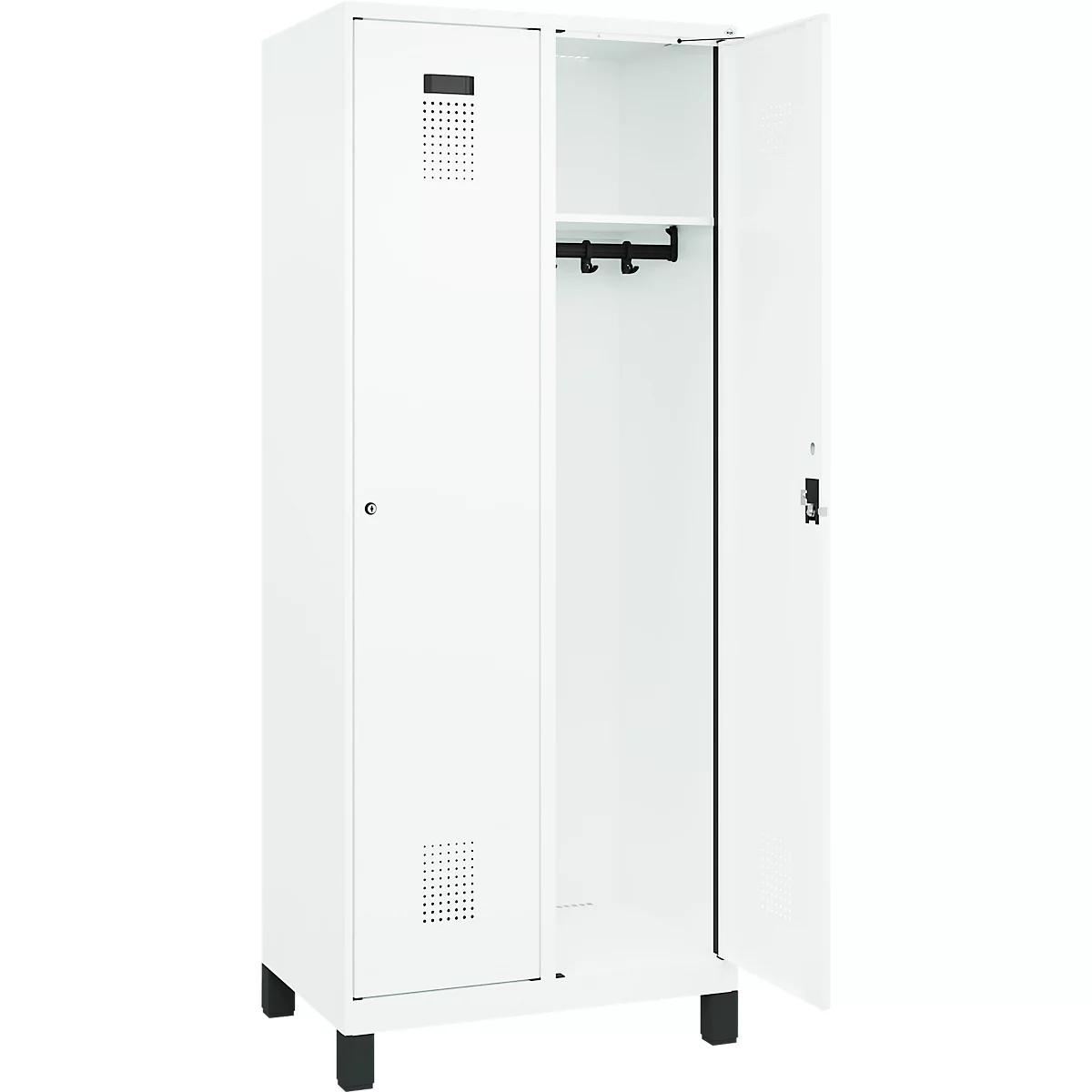 Kleiderspind C+P Evolo Plus, 2 Abteile, 400 mm Abteilbreite, mit Füßen, Anschlag rechts, B 800 x T 500 x H 1950 mm, Zylinder, verkehrsweiß/verkehrsweiß