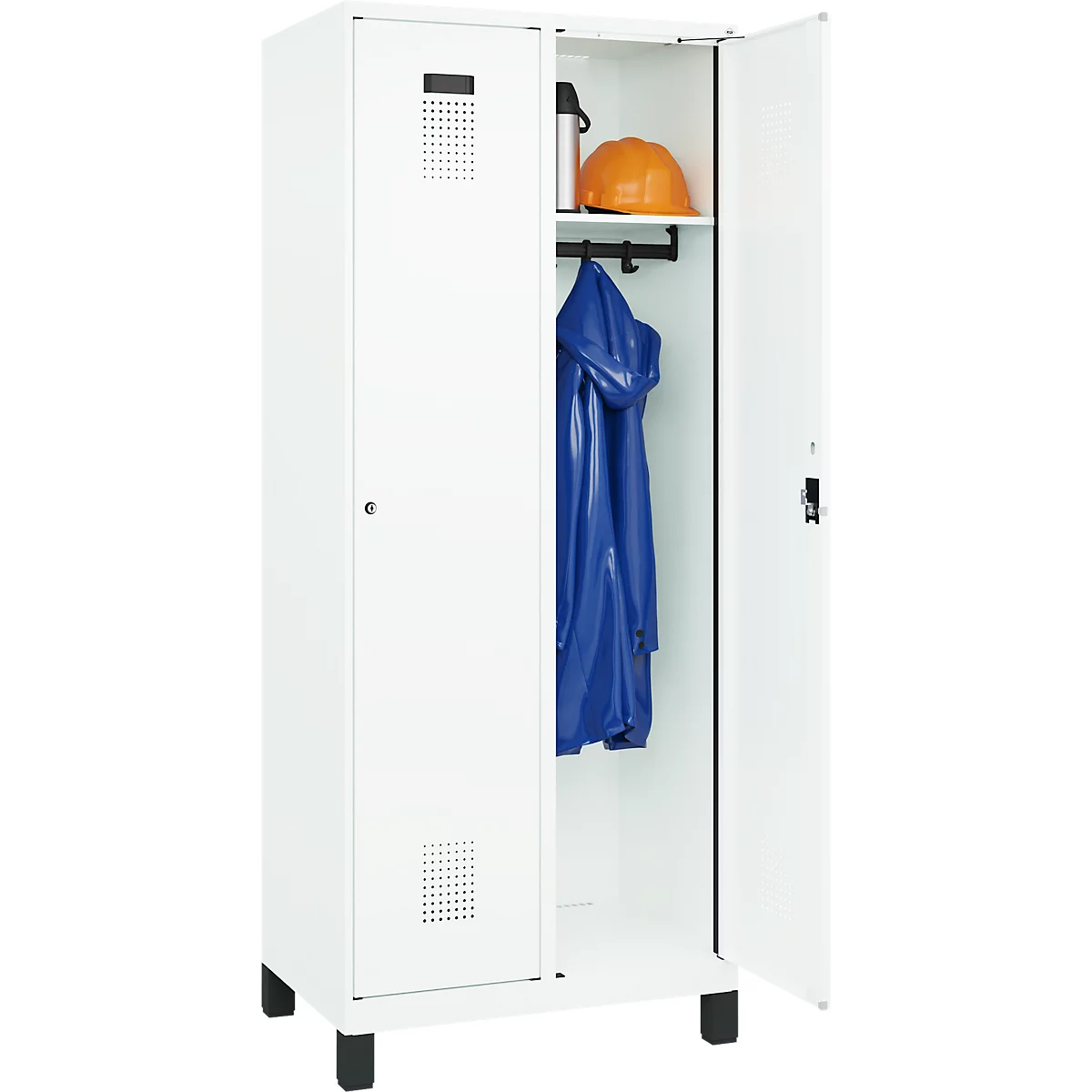 Kleiderspind C+P Evolo Plus, 2 Abteile, 400 mm Abteilbreite, mit Füßen, Anschlag rechts, B 800 x T 500 x H 1950 mm, Zylinder, verkehrsweiß/verkehrsweiß