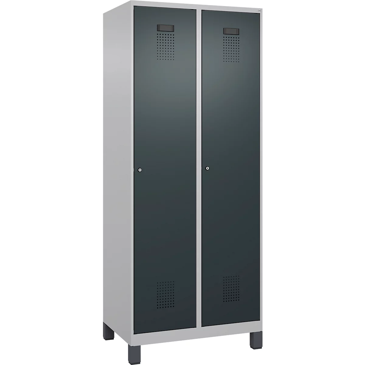 Kleiderspind C+P Evolo Plus, 2 Abteile, 400 mm Abteilbreite, mit Füßen, Anschlag rechts, B 800 x T 500 x H 1950 mm, Zylinder, weißaluminium/anthrazitgrau