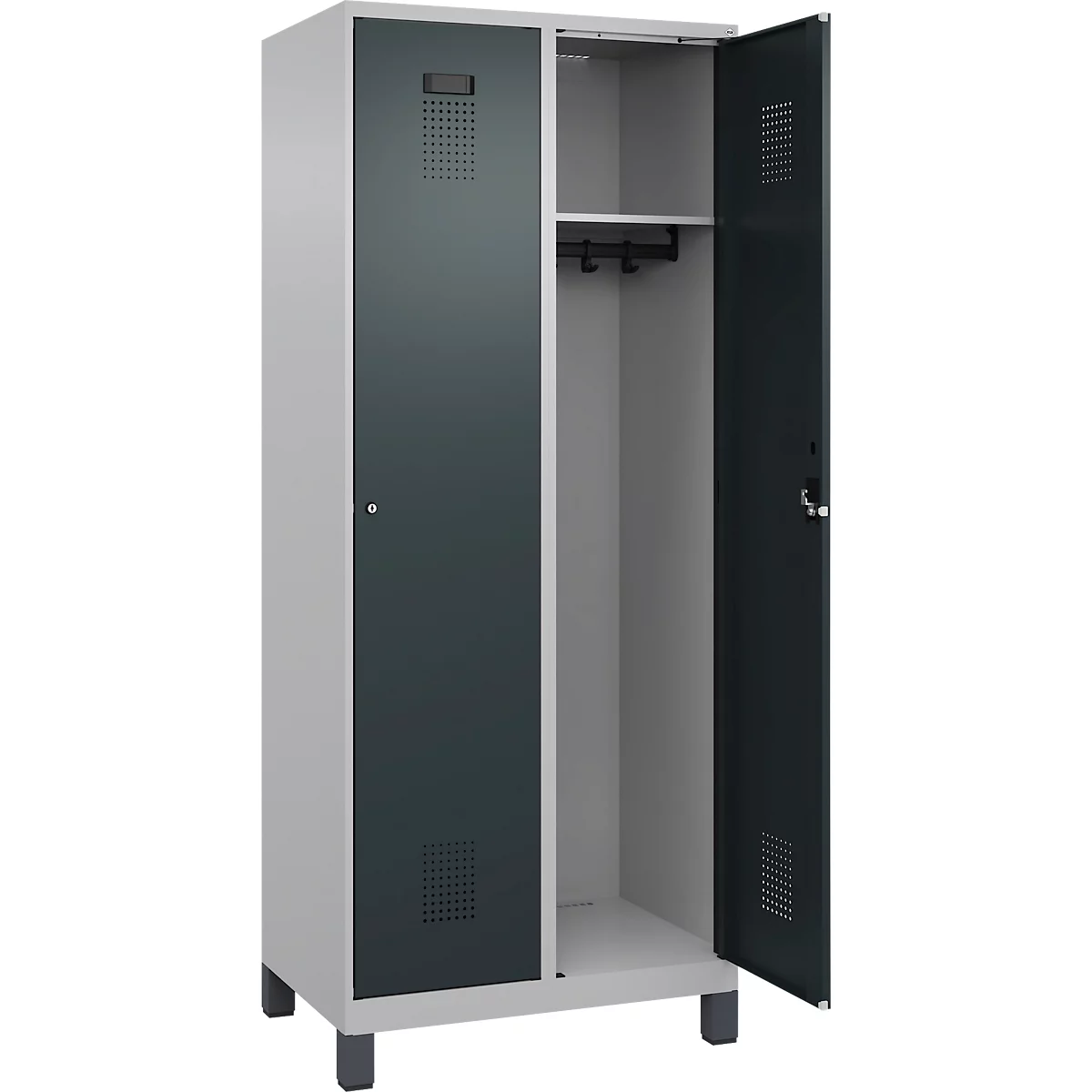 Kleiderspind C+P Evolo Plus, 2 Abteile, 400 mm Abteilbreite, mit Füßen, Anschlag rechts, B 800 x T 500 x H 1950 mm, Zylinder, weißaluminium/anthrazitgrau
