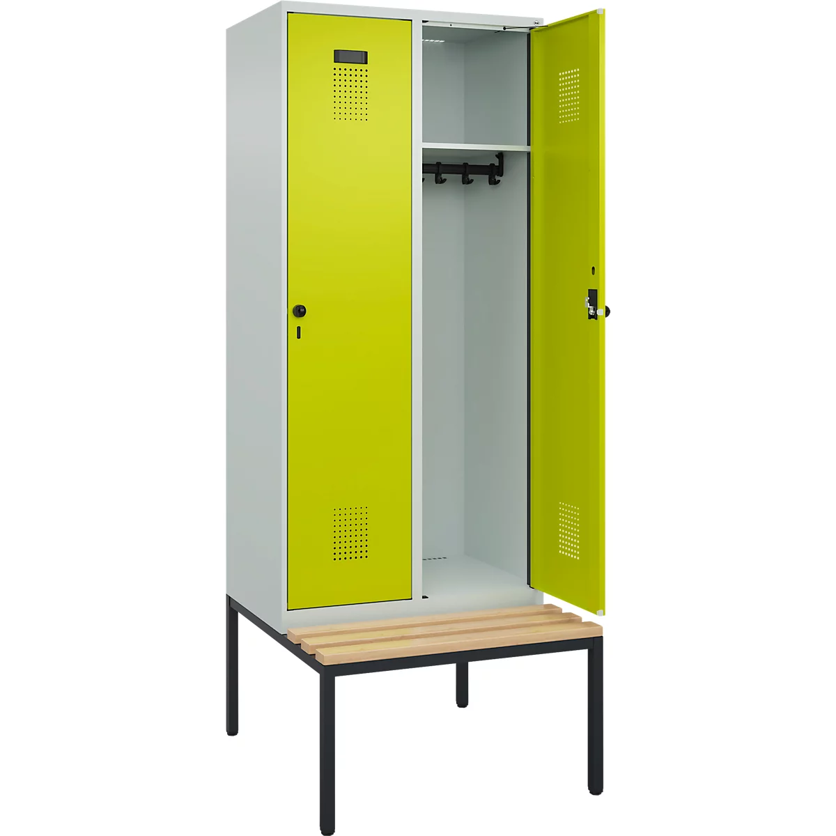 Kleiderspind C+P Evolo Plus, 2 Abteile, 400 mm Abteilbreite, mit untergebauter Sitzbank, B 800 x T 815 x H 2120 mm, Drehriegel, lichtgrau/clowngrün