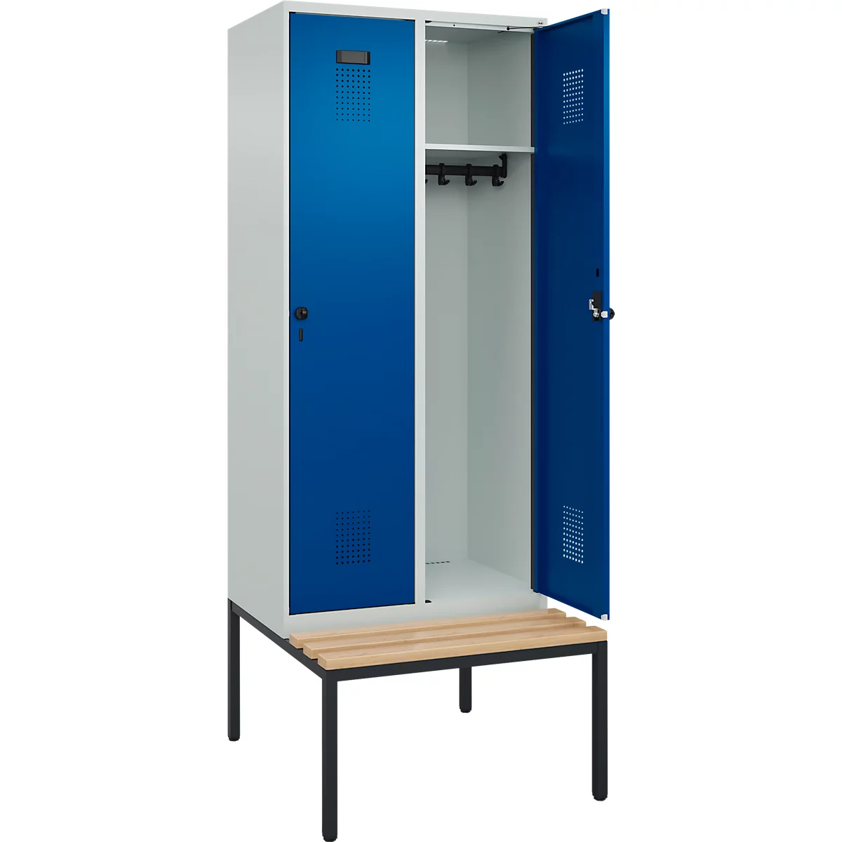 Kleiderspind C+P Evolo Plus, 2 Abteile, 400 mm Abteilbreite, mit untergebauter Sitzbank, B 800 x T 815 x H 2120 mm, Drehriegel, lichtgrau/enzianblau