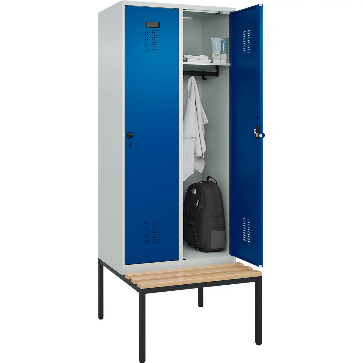 Kleiderspind C+P Evolo Plus, 2 Abteile, 400 mm Abteilbreite, mit untergebauter Sitzbank, B 800 x T 815 x H 2120 mm, Drehriegel, lichtgrau/enzianblau