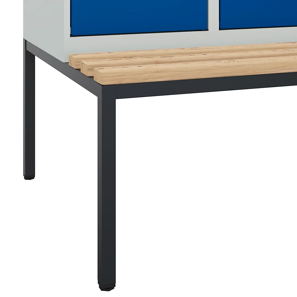 Kleiderspind C+P Evolo Plus, 2 Abteile, 400 mm Abteilbreite, mit untergebauter Sitzbank, B 800 x T 815 x H 2120 mm, Drehriegel, lichtgrau/enzianblau