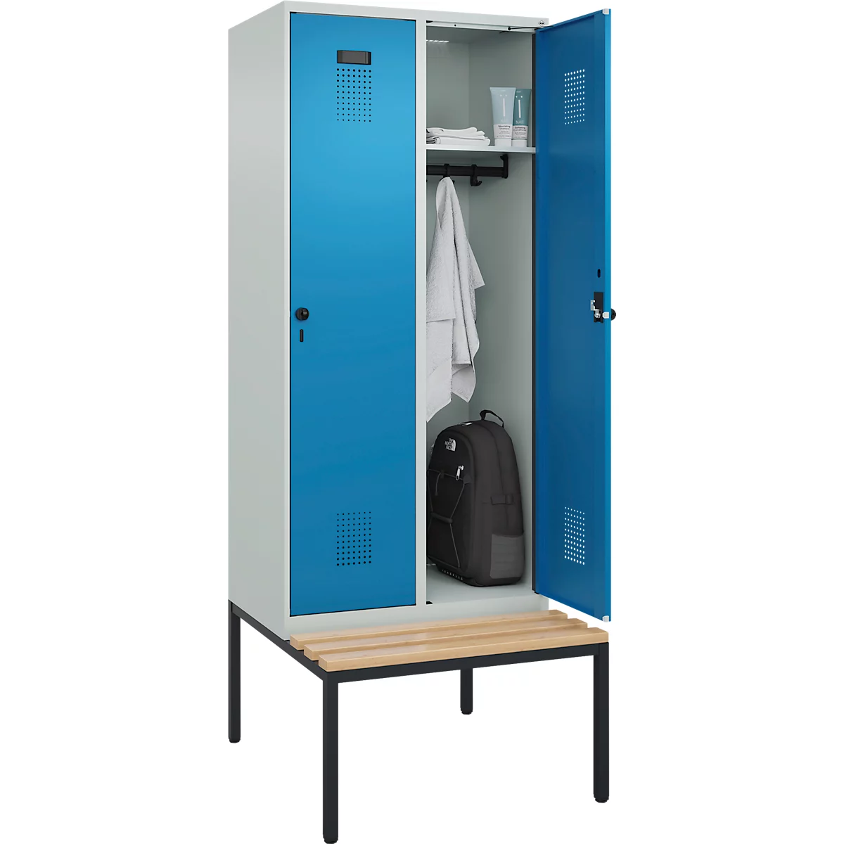 Kleiderspind C+P Evolo Plus, 2 Abteile, 400 mm Abteilbreite, mit untergebauter Sitzbank, B 800 x T 815 x H 2120 mm, Drehriegel, lichtgrau/lichtblau