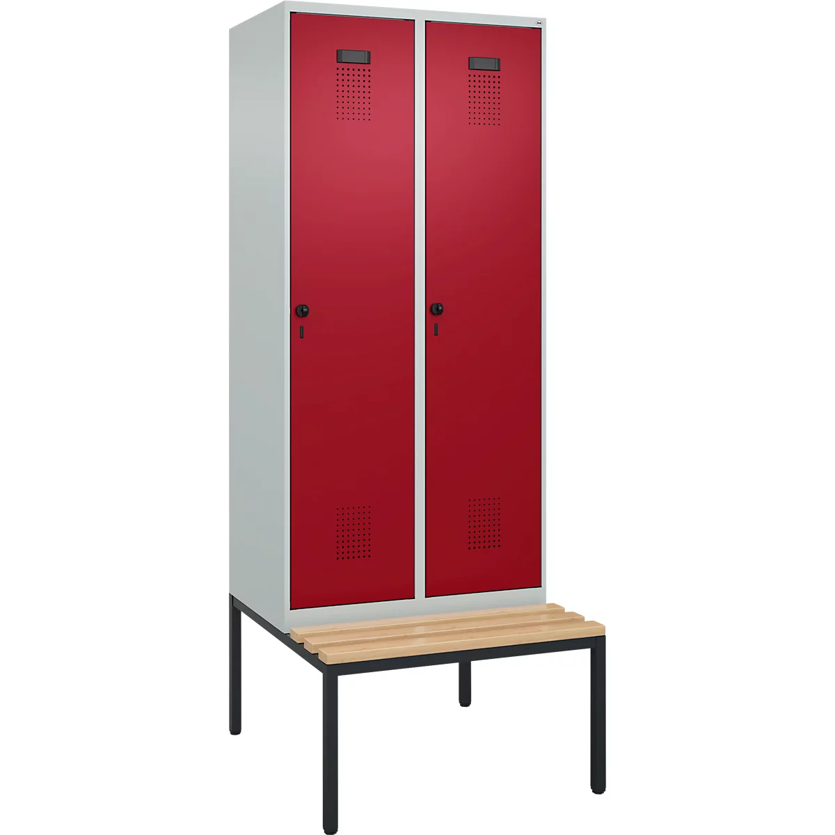 Kleiderspind C+P Evolo Plus, 2 Abteile, 400 mm Abteilbreite, mit untergebauter Sitzbank, B 800 x T 815 x H 2120 mm, Drehriegel, lichtgrau/rubinrot