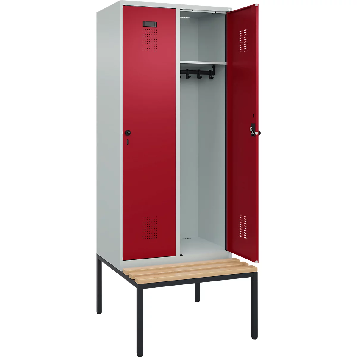 Kleiderspind C+P Evolo Plus, 2 Abteile, 400 mm Abteilbreite, mit untergebauter Sitzbank, B 800 x T 815 x H 2120 mm, Drehriegel, lichtgrau/rubinrot