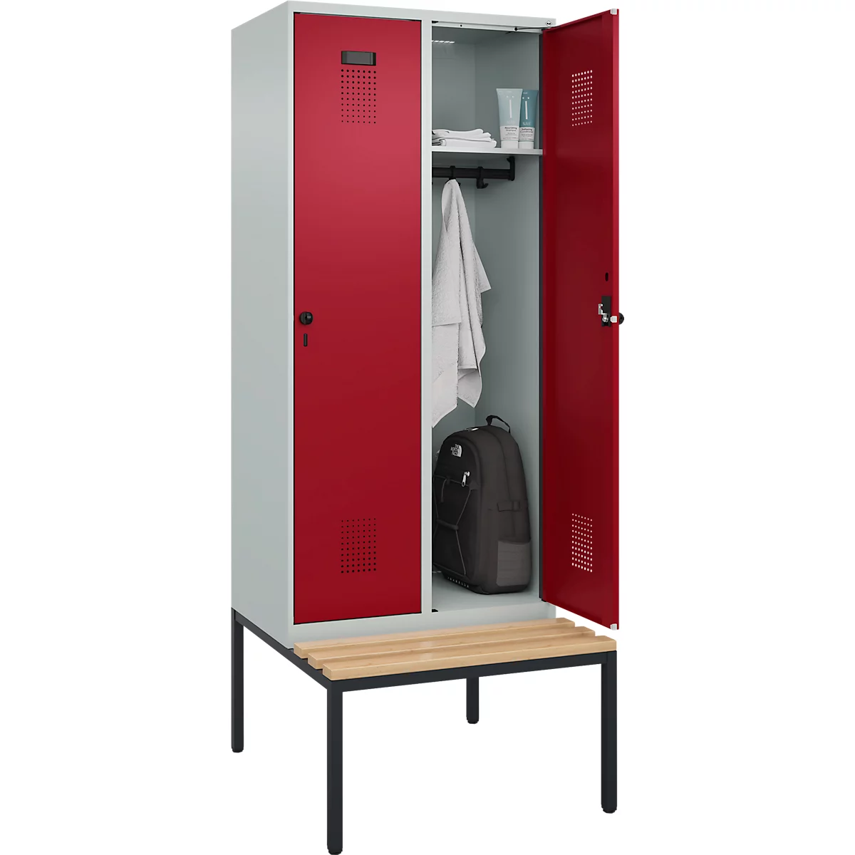 Kleiderspind C+P Evolo Plus, 2 Abteile, 400 mm Abteilbreite, mit untergebauter Sitzbank, B 800 x T 815 x H 2120 mm, Drehriegel, lichtgrau/rubinrot