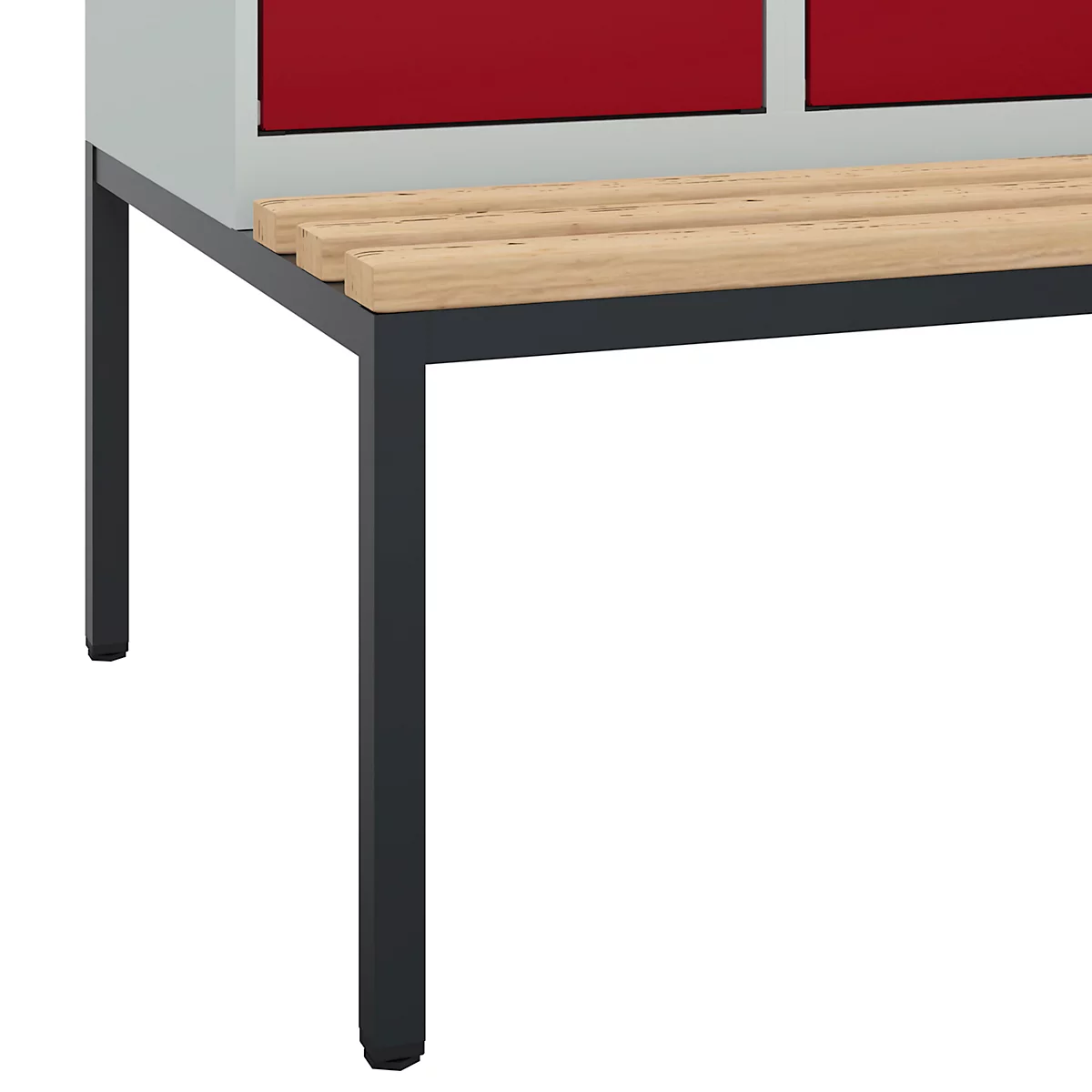 Kleiderspind C+P Evolo Plus, 2 Abteile, 400 mm Abteilbreite, mit untergebauter Sitzbank, B 800 x T 815 x H 2120 mm, Drehriegel, lichtgrau/rubinrot