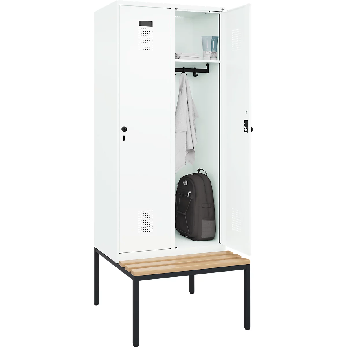 Kleiderspind C+P Evolo Plus, 2 Abteile, 400 mm Abteilbreite, mit untergebauter Sitzbank, B 800 x T 815 x H 2120 mm, Drehriegel, verkehrsweiß/verkehrsweiß