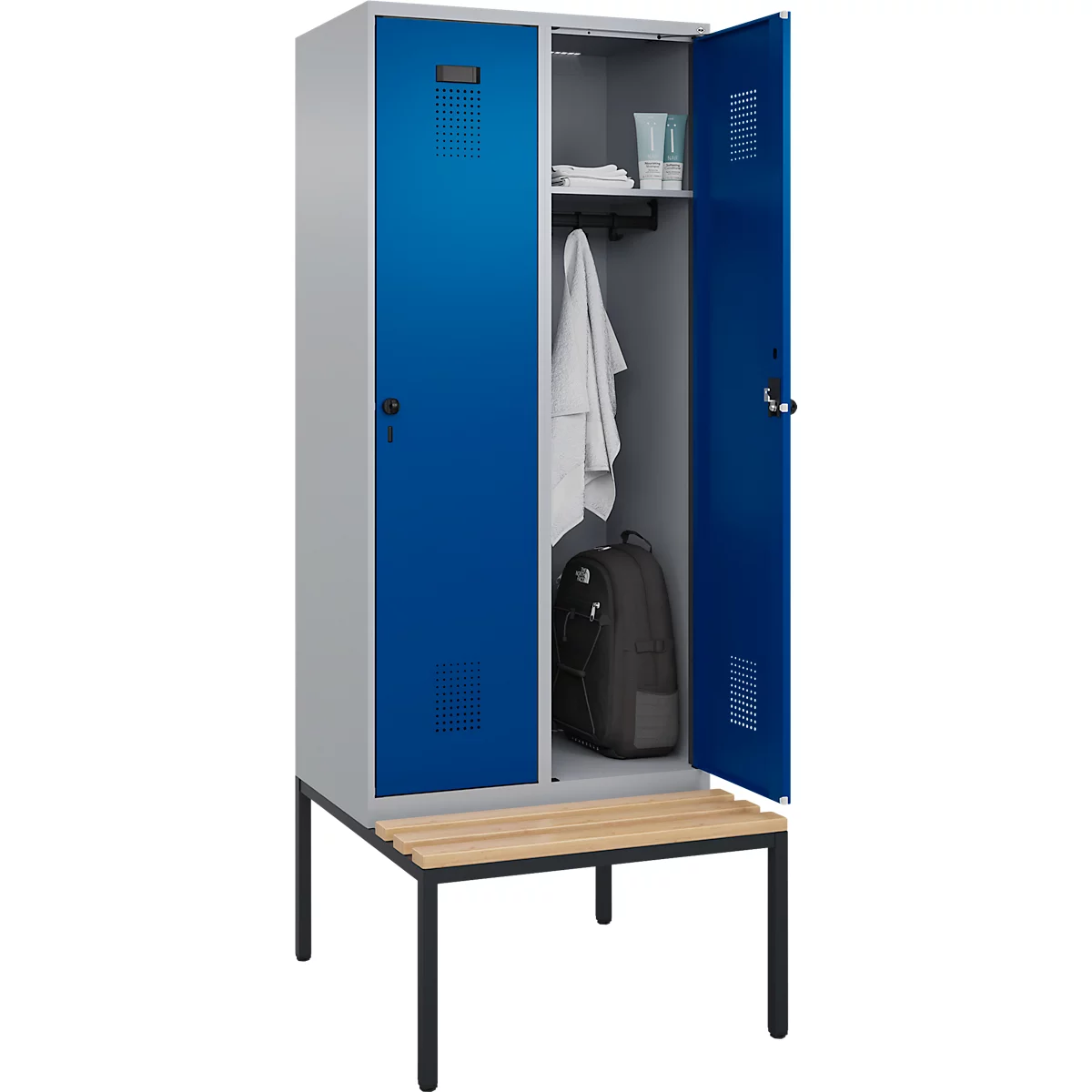 Kleiderspind C+P Evolo Plus, 2 Abteile, 400 mm Abteilbreite, mit untergebauter Sitzbank, B 800 x T 815 x H 2120 mm, Drehriegel, weißaluminium/enzianblau