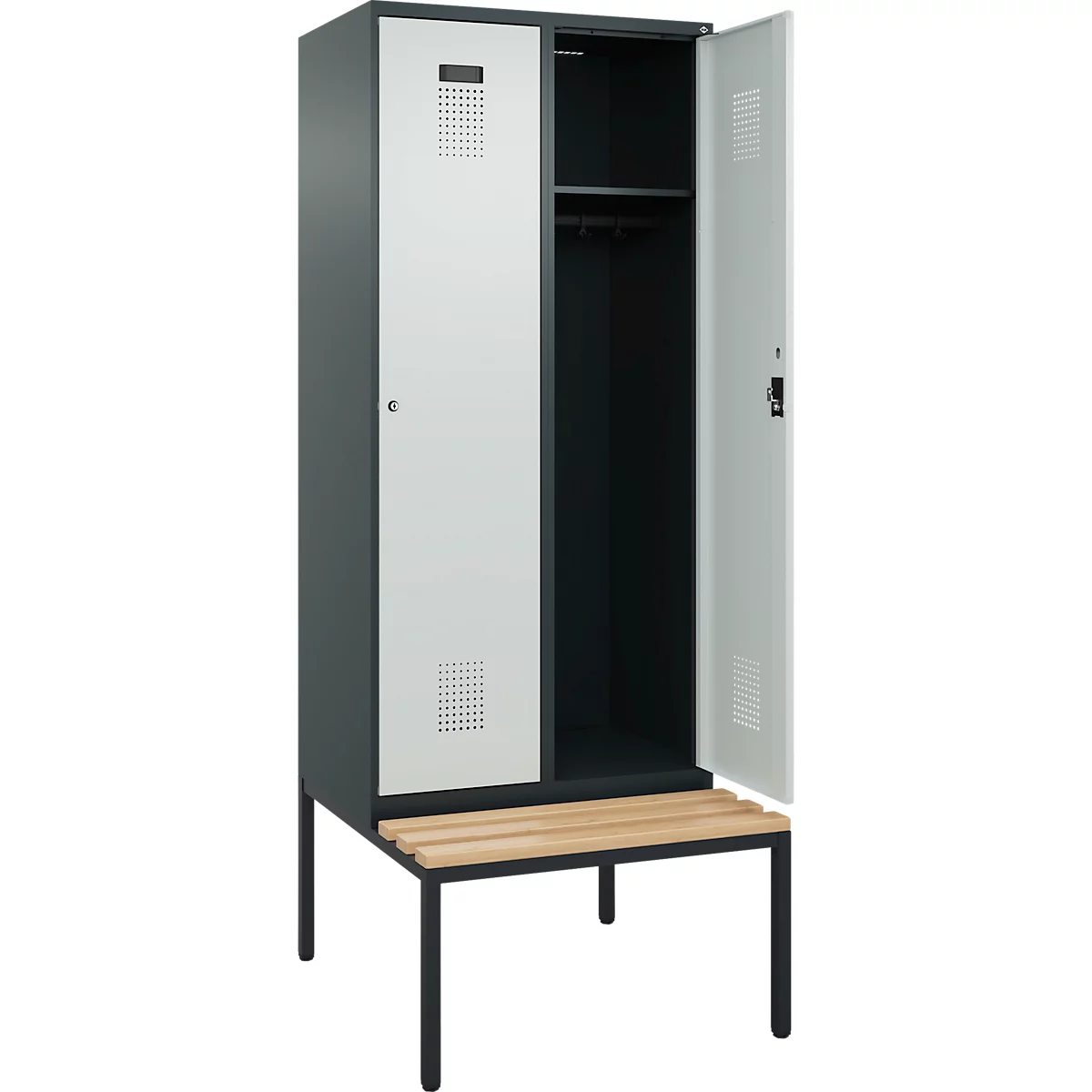 Kleiderspind C+P Evolo Plus, 2 Abteile, 400 mm Abteilbreite, mit untergebauter Sitzbank, B 800 x T 815 x H 2120 mm, Zylinder, anthrazitgrau/lichtgrau