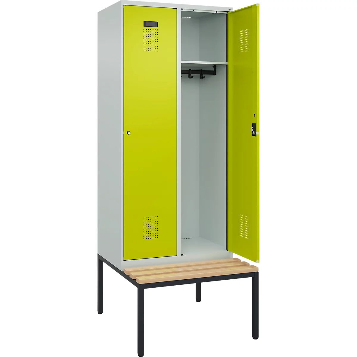 Kleiderspind C+P Evolo Plus, 2 Abteile, 400 mm Abteilbreite, mit untergebauter Sitzbank, B 800 x T 815 x H 2120 mm, Zylinder, lichtgrau/clowngrün