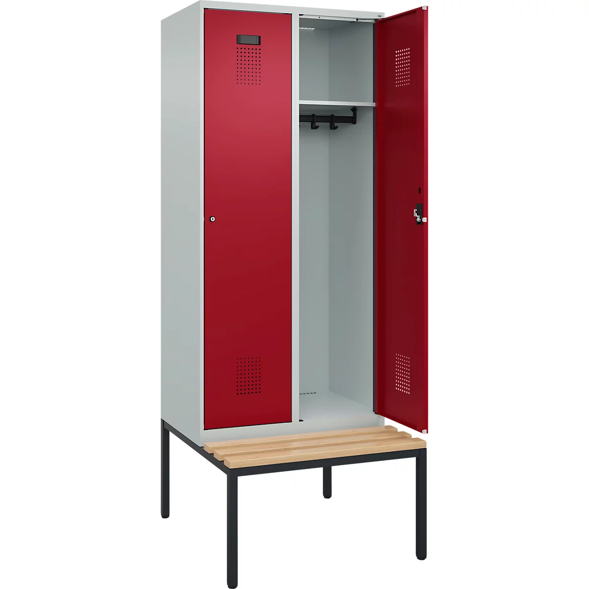 Kleiderspind C+P Evolo Plus, 2 Abteile, 400 mm Abteilbreite, mit untergebauter Sitzbank, B 800 x T 815 x H 2120 mm, Zylinder, lichtgrau/rubinrot