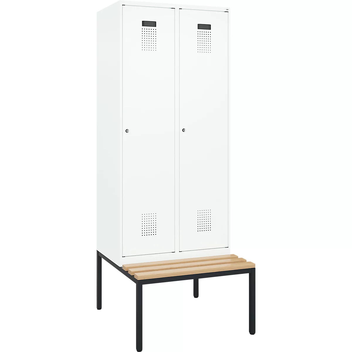 Kleiderspind C+P Evolo Plus, 2 Abteile, 400 mm Abteilbreite, mit untergebauter Sitzbank, B 800 x T 815 x H 2120 mm, Zylinder, verkehrsweiß/verkehrsweiß