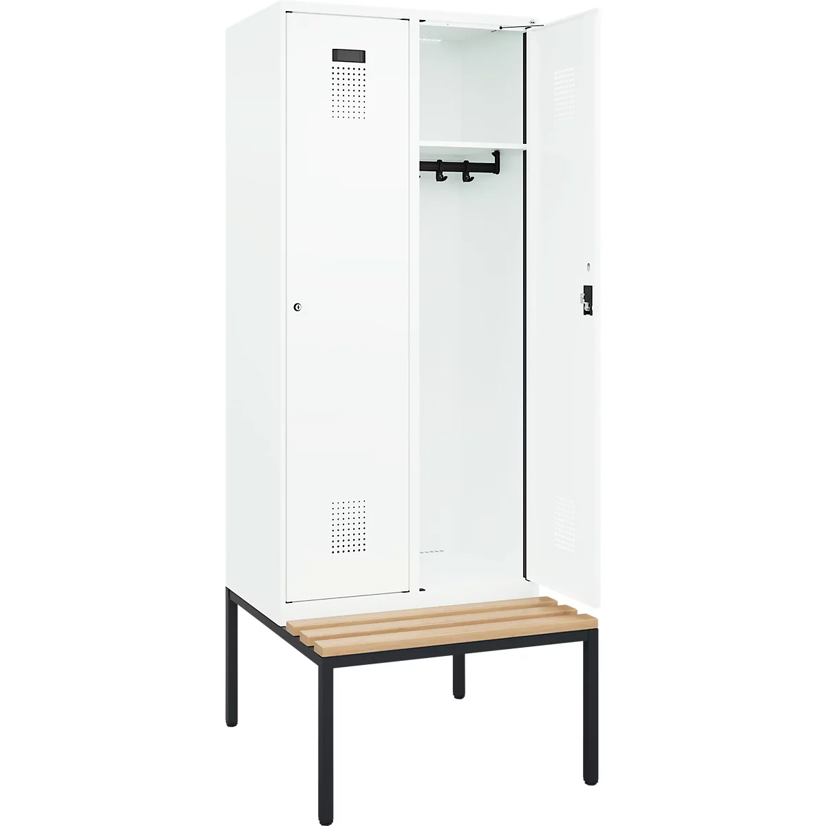Kleiderspind C+P Evolo Plus, 2 Abteile, 400 mm Abteilbreite, mit untergebauter Sitzbank, B 800 x T 815 x H 2120 mm, Zylinder, verkehrsweiß/verkehrsweiß