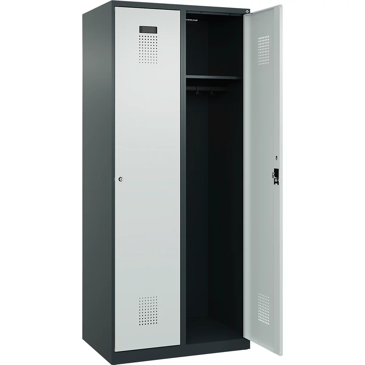 Kleiderspind C+P Evolo Plus, 2 Abteile, 400 mm breit, Zylinderschloss, Soft-Anschlag, B 800 x T 500 x H 1850 mm, anthrazitgrau/lichtgrau