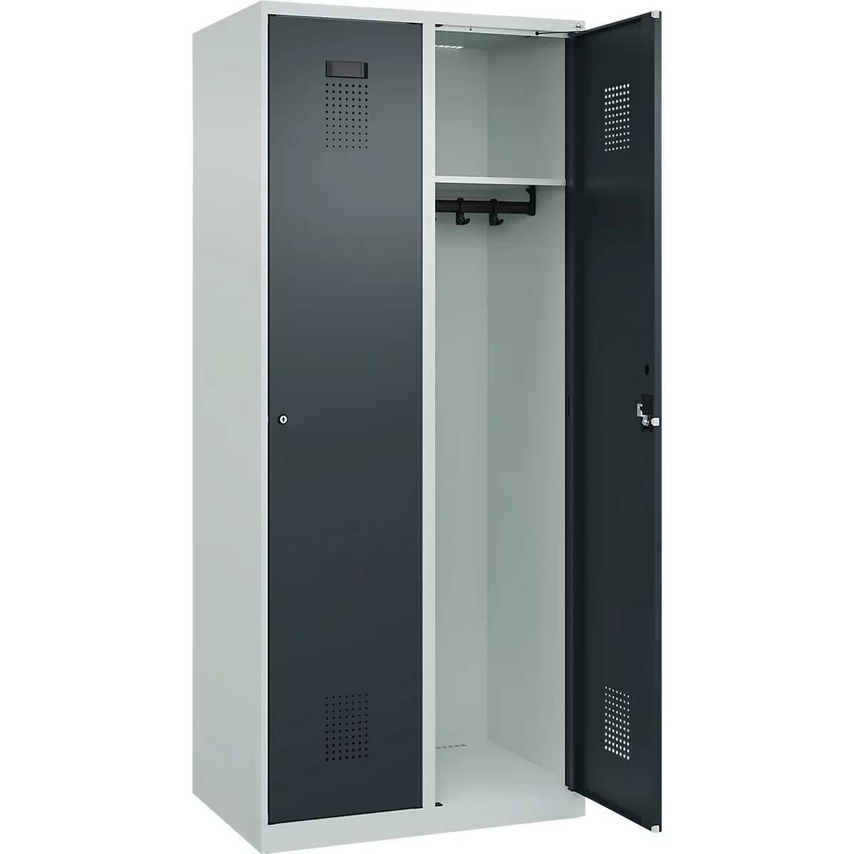 Kleiderspind C+P Evolo Plus, 2 Abteile, 400 mm breit, Zylinderschloss, Soft-Anschlag, B 800 x T 500 x H 1850 mm, lichtgrau/anthrazitgrau