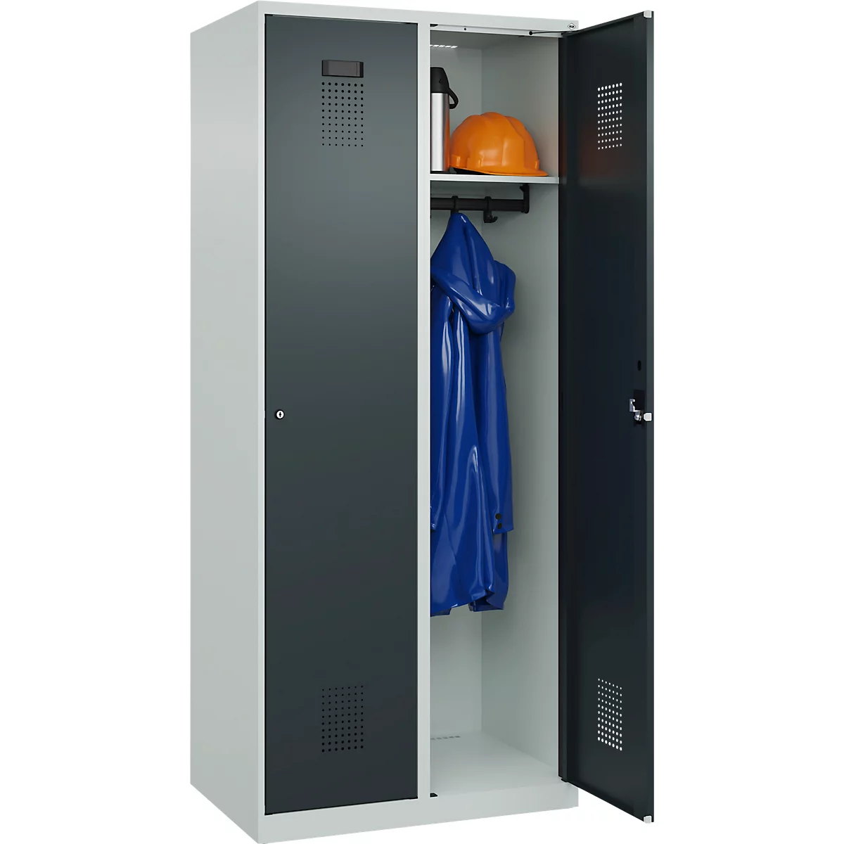 Kleiderspind C+P Evolo Plus, 2 Abteile, 400 mm breit, Zylinderschloss, Soft-Anschlag, B 800 x T 500 x H 1850 mm, lichtgrau/anthrazitgrau